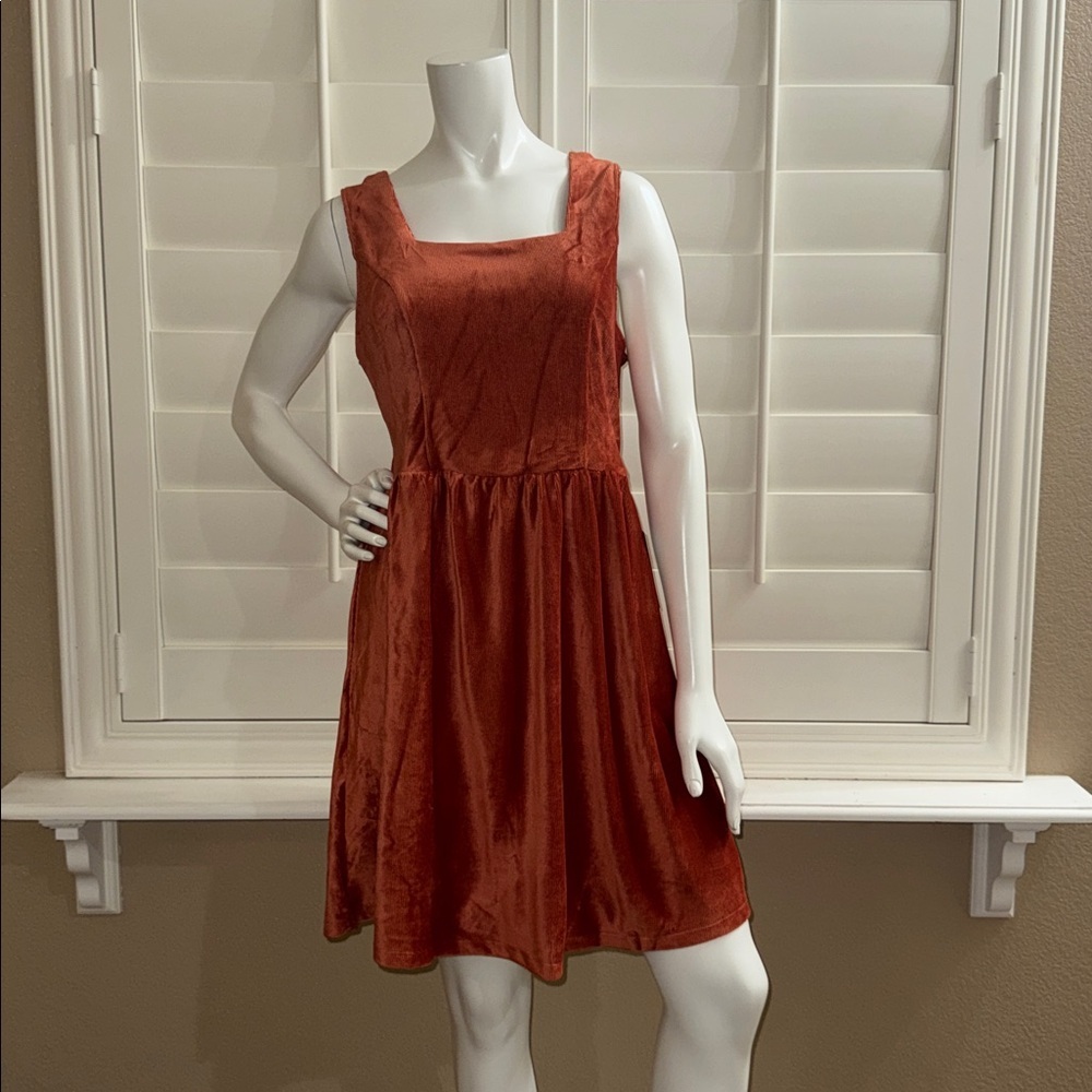 Good Luck Gem Square Neck Cord Mini Dress Rust
